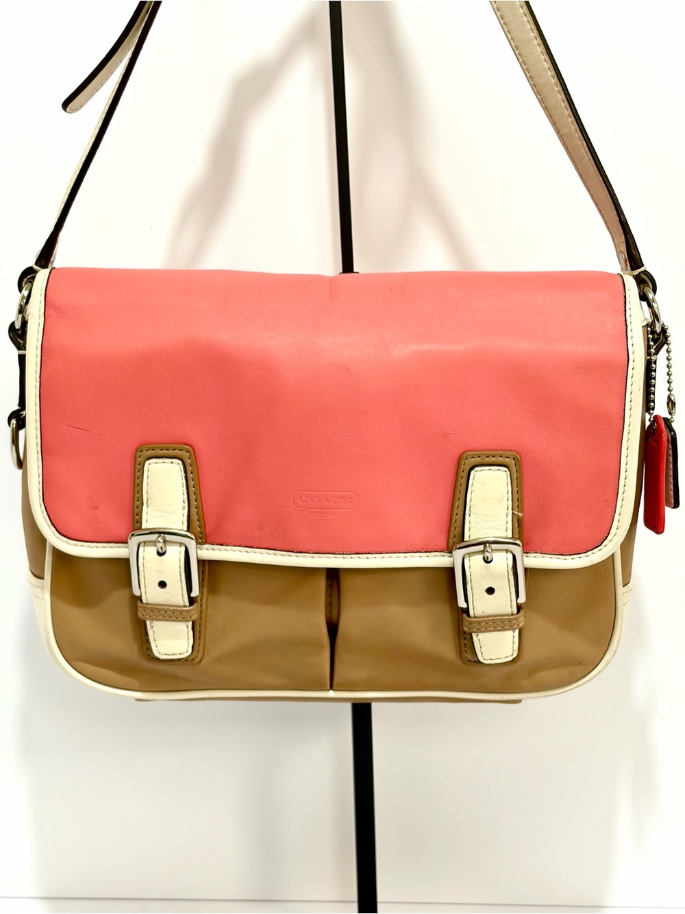 Coach Park Colorblock Leather Flap Crossbody Bag F23383 In Coral Pink Tan